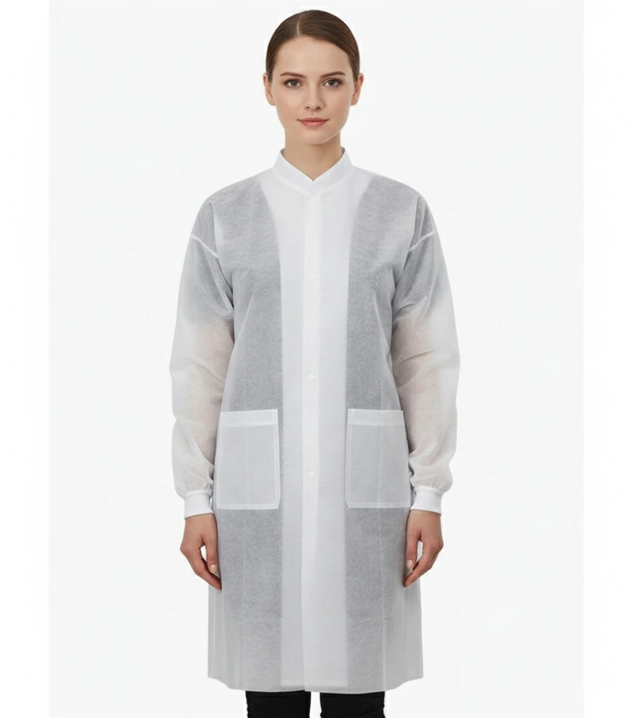 Disposable Lab Coats for Adults, Pack of 10, White, 2 Pockets, Knitted Cuffs and Collar, Small–2XL